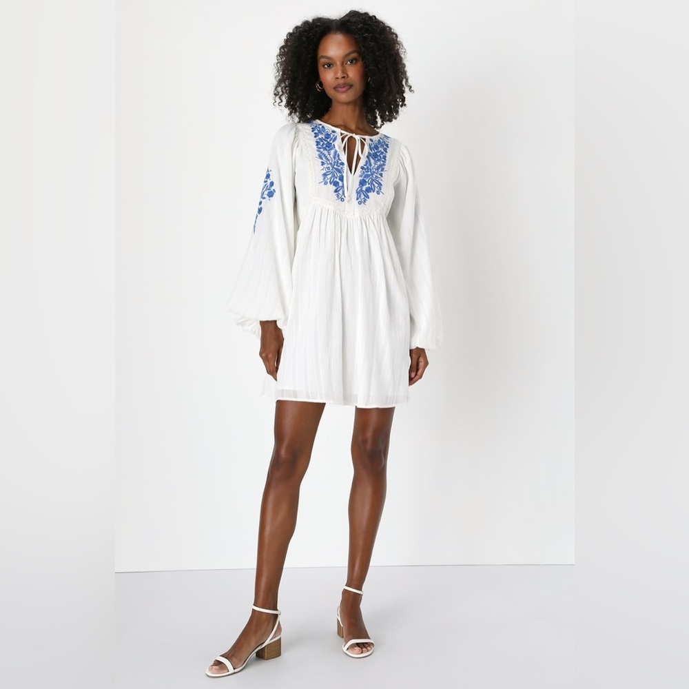 Lulu's White and Blue Embroidered Mini Dress